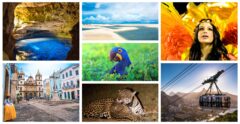 A collage of Brazil's unusual things to do, including: the blue caves of Bahia, Salvador's old town, Lencois Maranhenses' lagoons, a hyacinth macaw, a mother jaguar and cub, Rio de Janeiro's carnival and one of Sugarloaf Mountain's cable cars