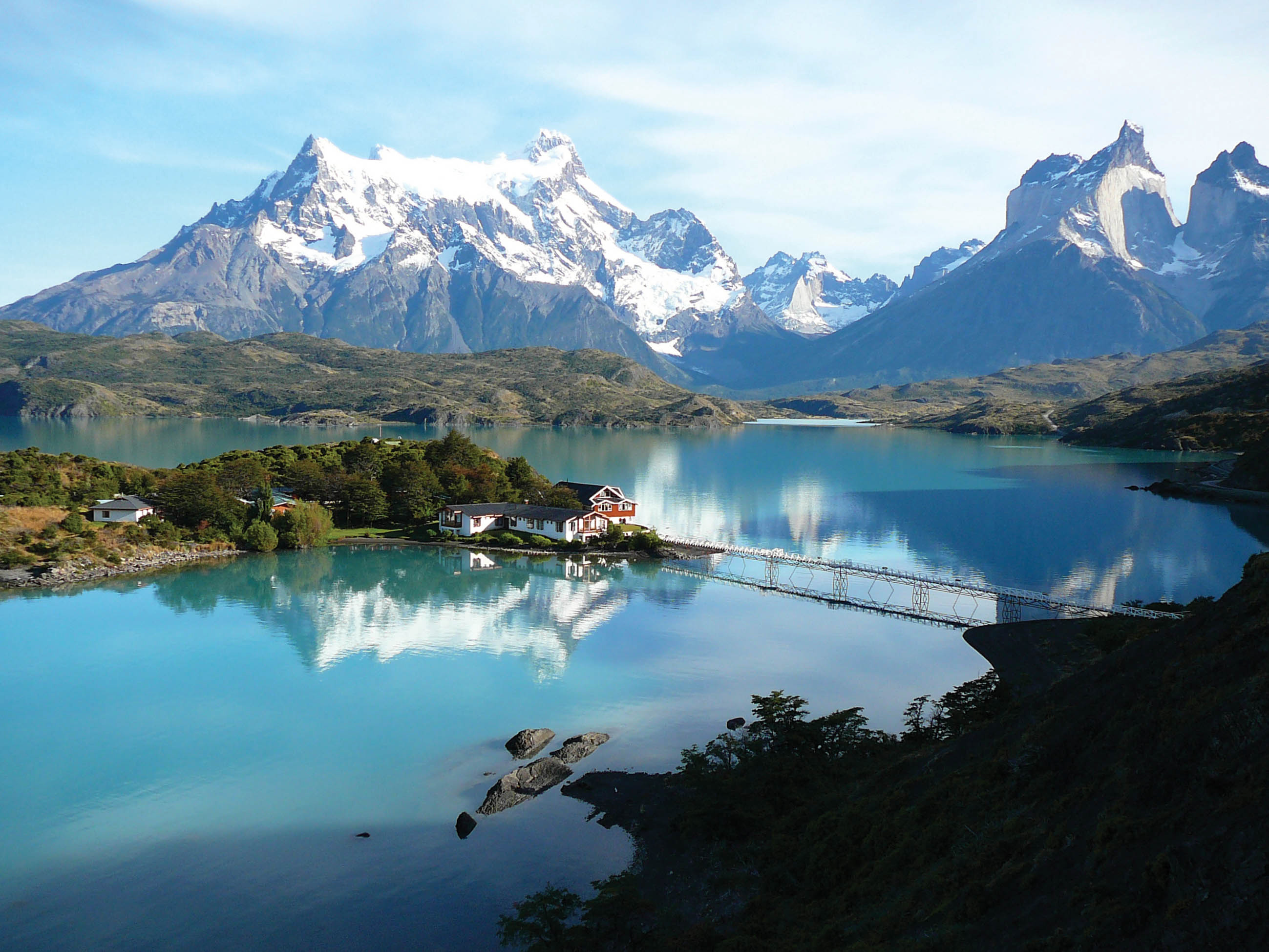 Blue skies over mountains in Torres Del Paine.