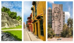 Collage depicting different historical sites in Latin America such as a Che Guevara mural and a Mayan temple