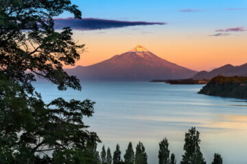 Sun setting over Osorno Lake