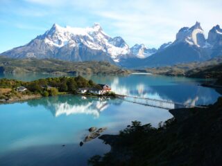 Blue skies over mountains in Torres Del Paine.