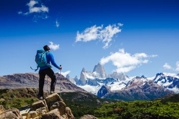 Man hiking on Mount Fitz Roy in Argentina.