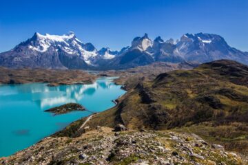 Blue skies over mountains in Torres Del Paine.