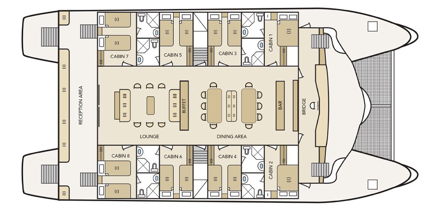 Deck plan showing lounge, dining area, cabins and reception area