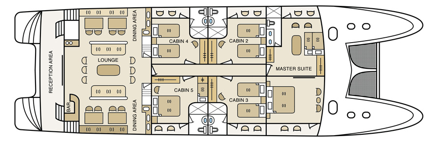 Deck plan showing cabins, lounge and reception area