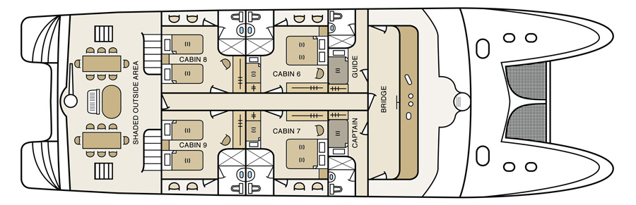 Deck plan showing cabins and shaded outside area