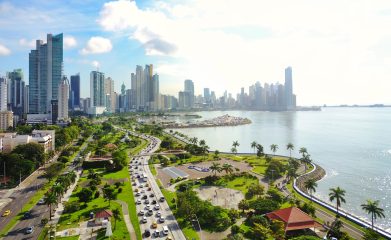 Aerial view of the modern skyline of Panama City , Panama with modern Highrise buildings.