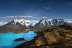 Blue skies over mountains in Torres Del Paine.